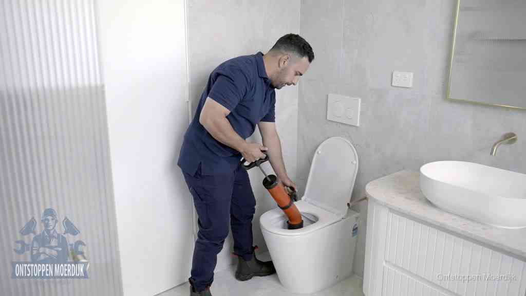 Een monteur buigt over een wandcloset en duwt met de hand een persluchtontstopper in de toiletpot om de verstopping handmatig los te maken in Moerdijk