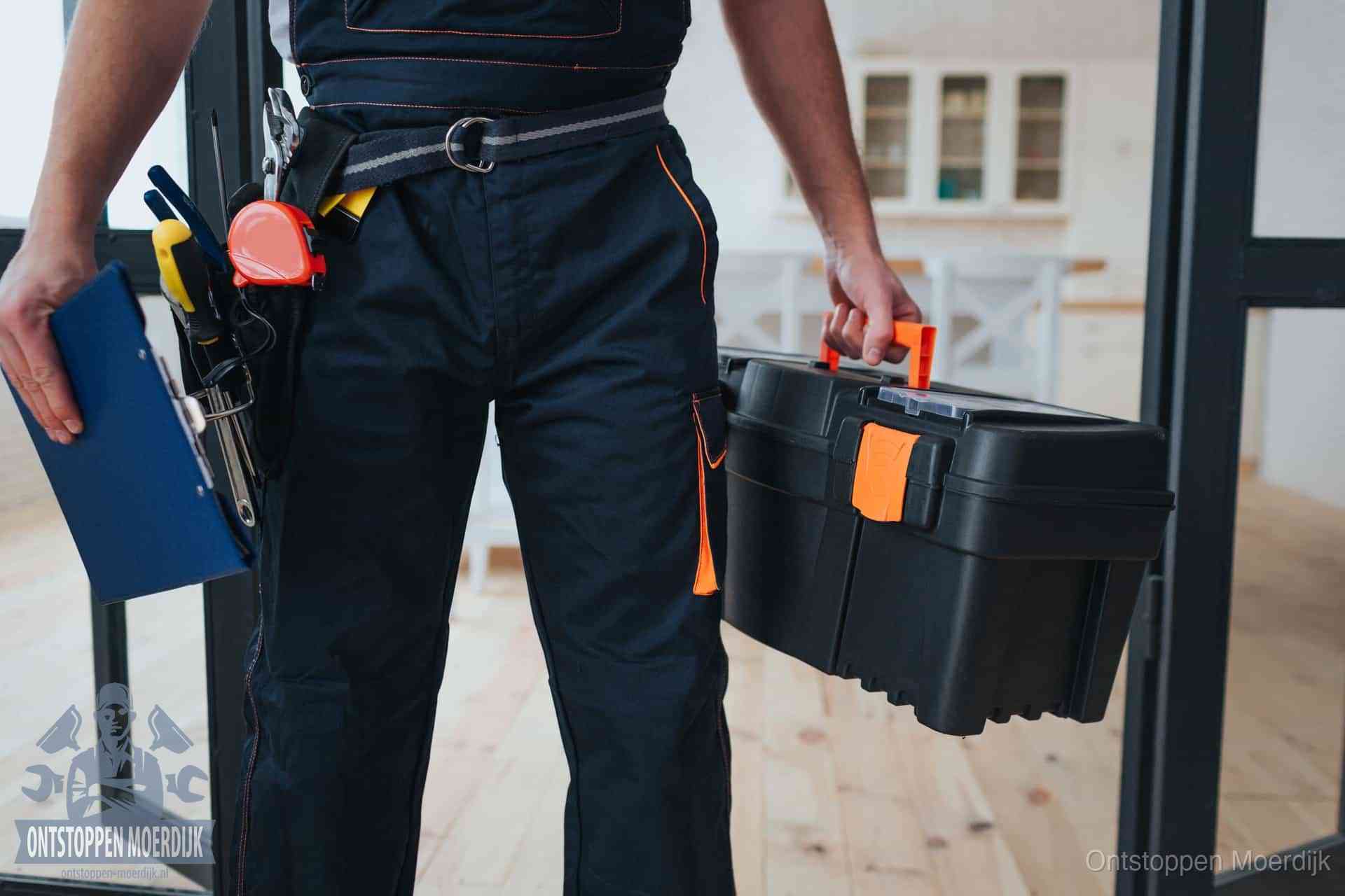 Een monteur met gereedschapsriem en klembord, klaar om een transparante prijs voor het wc ontstoppen in Moerdijk te geven