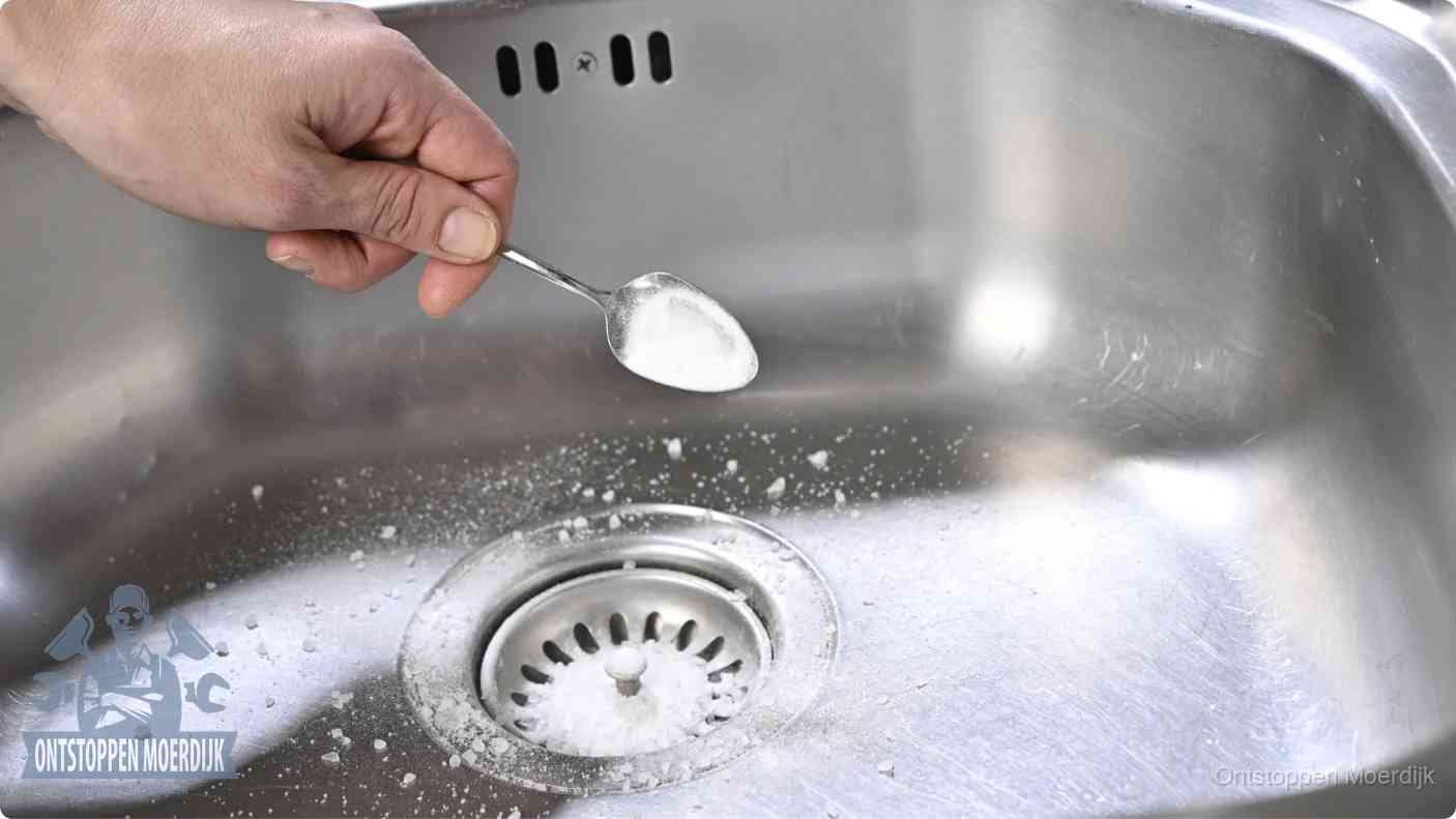 Een hand strooit met een lepel soda in een afvoerputje, de soda en azijn huismiddel-methode om de wc te ontstoppen in Moerdijk