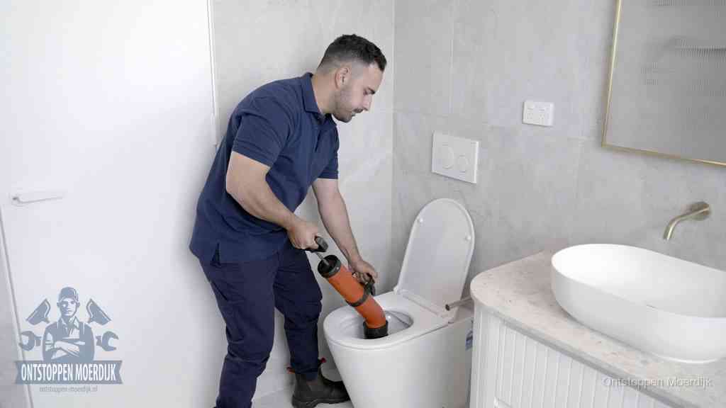 Een monteur gebruikt een handmatige perspomp (toiletontstopper) op een wandcloset tijdens het professioneel wc ontstoppen in Moerdijk