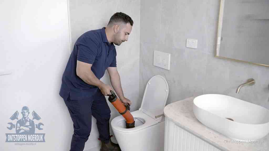 Een man gebruikt een handmatige luchtdruk-ontstopper in een modern betegeld toilet om zelf de wc te ontstoppen in Moerdijk